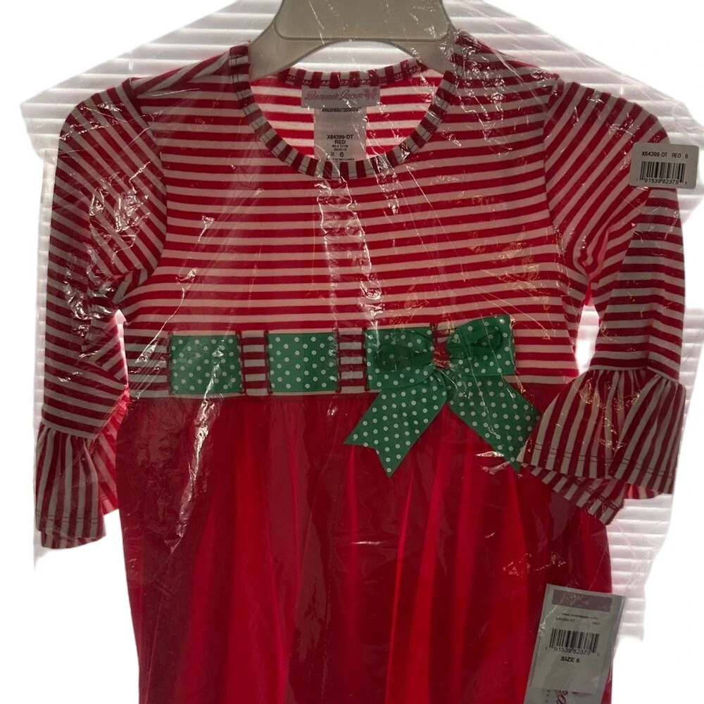 Bonnie Jean Girls Christmas Tree Dress‎ Red White Stripe Size 6